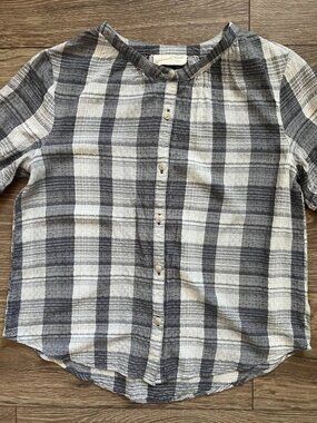 Universal Thread Blue White Plaid Button Up Short Sleeve Blouse Top Size XS